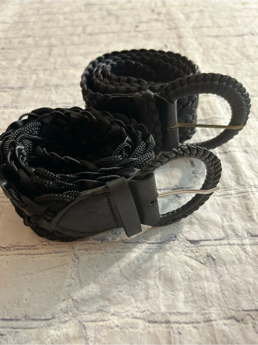 LOT OF (2) BLACK BRAIDED WOVEN WIDE BELTS 100% COTTON & POLYESTER BLEND M/L